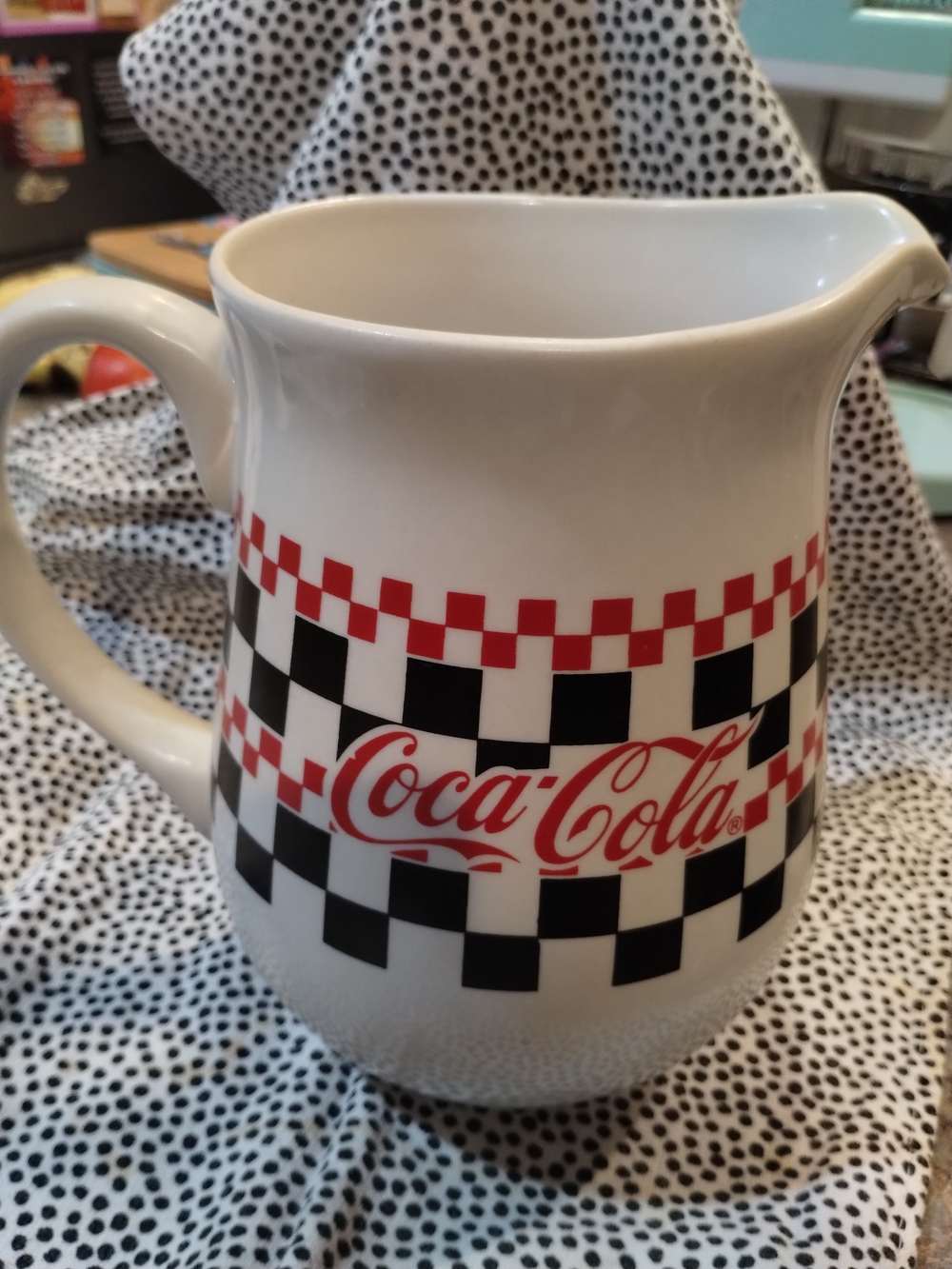 Coca Cola White Ceramic Pitcher with Red and Black Check Pattern